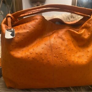 FURLA OSTRICH LEATHER BURNT ORANGE DOUBLE HANDLE/CROSSBODY STRAP (EXCELLENT)